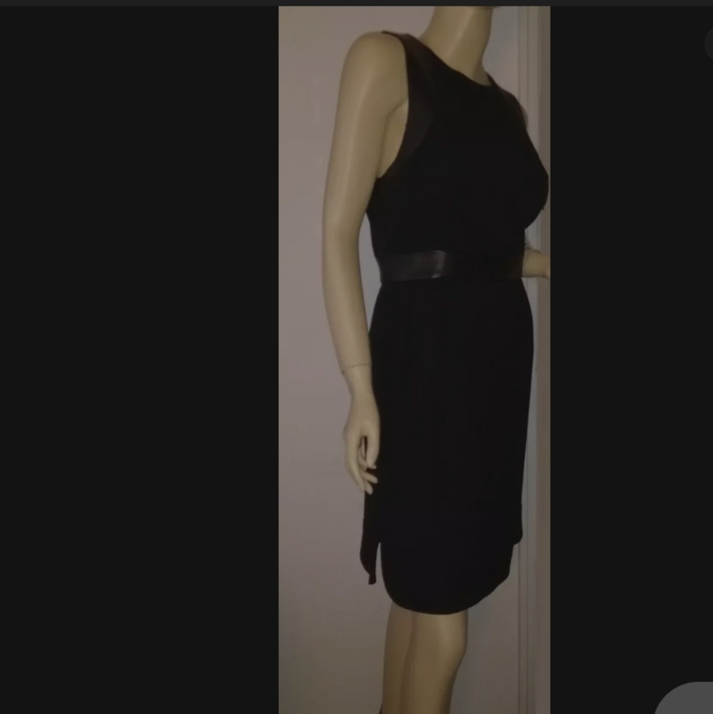 L'AGENCE REAL LEATHER TRIM BLACK SIDE SLIT PENCIL SHEATH DRESS EUC - Picture 2 of 8